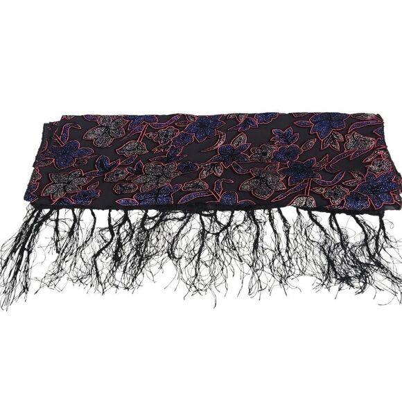 Weixinfushi Black Silk Embroidered Velvet Sequined Floral Fringe Shawl Scarf NWT - Picture 5 of 7